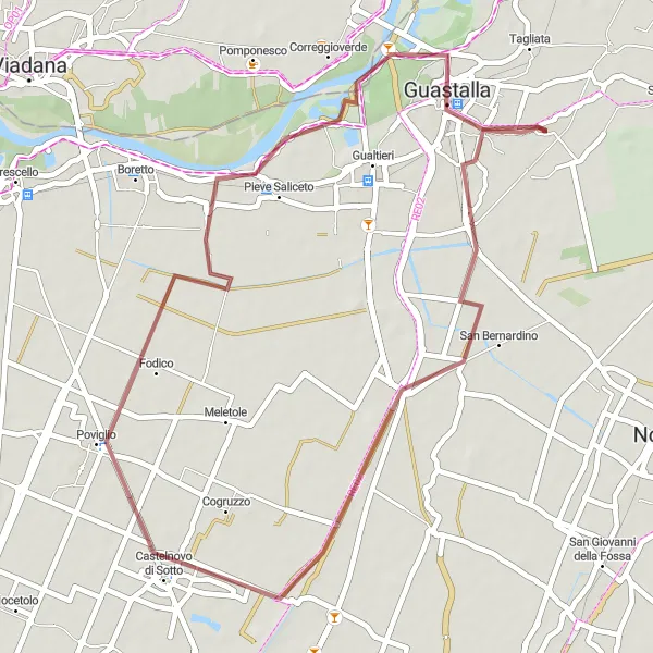 Kartminiatyr av "Grusvei rundtur fra Guastalla" sykkelinspirasjon i Emilia-Romagna, Italy. Generert av Tarmacs.app sykkelrutoplanlegger