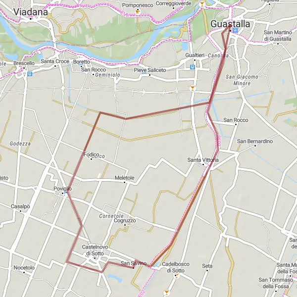 Zemljevid v pomanjšavi "Pustolovščina po makadamskih poteh okoli Guastalle" kolesarske inspiracije v Emilia-Romagna, Italy. Generirano z načrtovalcem kolesarskih poti Tarmacs.app