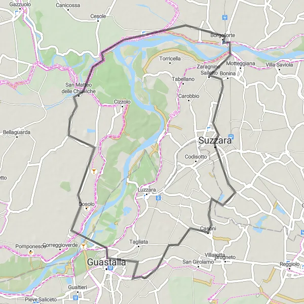 Map miniature of "Guastalla Loop Road Cycling Route" cycling inspiration in Emilia-Romagna, Italy. Generated by Tarmacs.app cycling route planner