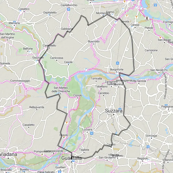 Kartminiatyr av "Rundtur fra Guastalla til Dosolo, Gazzuolo og Motteggiana" sykkelinspirasjon i Emilia-Romagna, Italy. Generert av Tarmacs.app sykkelrutoplanlegger