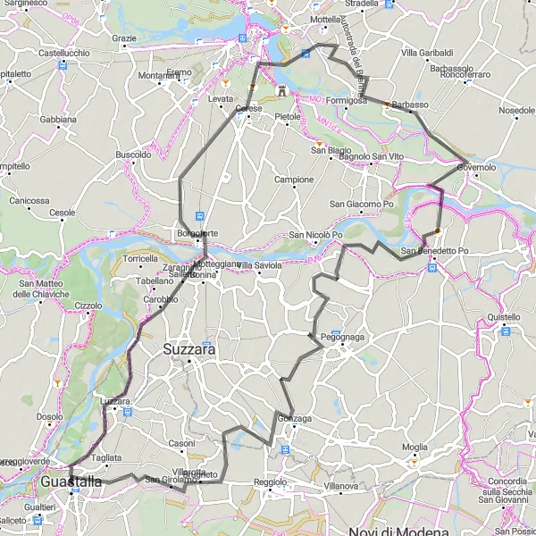 Map miniature of "Scenic Road Cycling Tour: Guastalla to Luzzara" cycling inspiration in Emilia-Romagna, Italy. Generated by Tarmacs.app cycling route planner