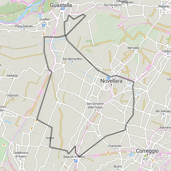 Zemljevid v pomanjšavi "Cestno kolesarjenje v okolici Guastalle" kolesarske inspiracije v Emilia-Romagna, Italy. Generirano z načrtovalcem kolesarskih poti Tarmacs.app