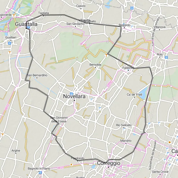 Kartminiatyr av "Guastalla - Reggiolo - Fabbrico - Correggio" sykkelinspirasjon i Emilia-Romagna, Italy. Generert av Tarmacs.app sykkelrutoplanlegger