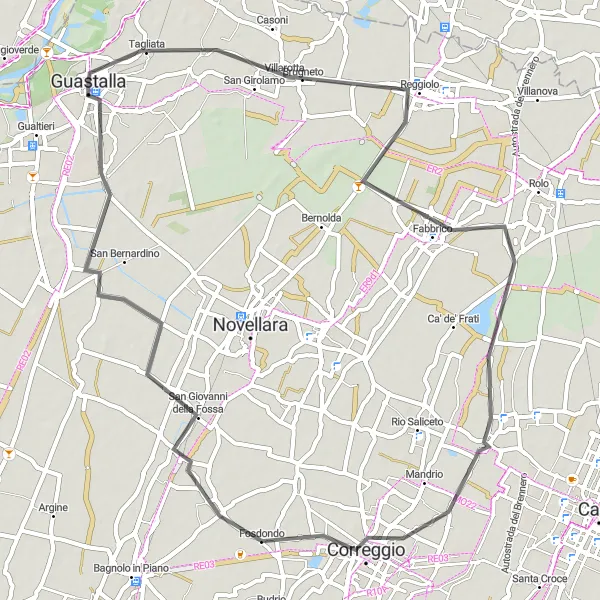 Map miniature of "Correggio Cultural Ride" cycling inspiration in Emilia-Romagna, Italy. Generated by Tarmacs.app cycling route planner