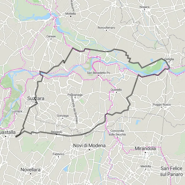 Miniature de la carte de l'inspiration cycliste "Le Grand Tour de Guastalla" dans la Emilia-Romagna, Italy. Générée par le planificateur d'itinéraire cycliste Tarmacs.app
