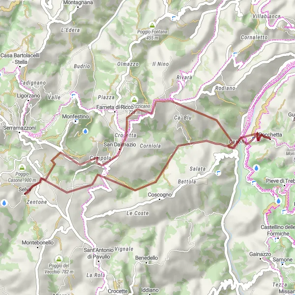 Map miniature of "Rolling Hills & Mountain Peaks" cycling inspiration in Emilia-Romagna, Italy. Generated by Tarmacs.app cycling route planner