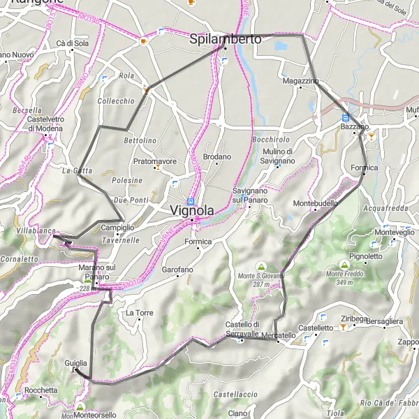 Kartminiatyr av "Rundtur til Monte Eolo via Marano sul Panaro" sykkelinspirasjon i Emilia-Romagna, Italy. Generert av Tarmacs.app sykkelrutoplanlegger