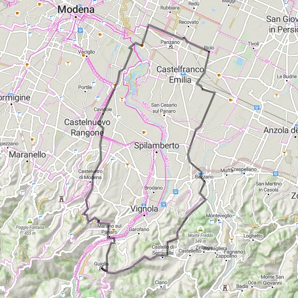 Kartminiatyr av "Sykkeltur til Monte Eolo via Castelvetro di Modena" sykkelinspirasjon i Emilia-Romagna, Italy. Generert av Tarmacs.app sykkelrutoplanlegger