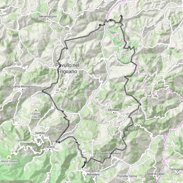 Miniaturní mapa "Okružní cyklistická trasa od Guiglie (Emilia-Romagna, Itálie)" inspirace pro cyklisty v oblasti Emilia-Romagna, Italy. Vytvořeno pomocí plánovače tras Tarmacs.app