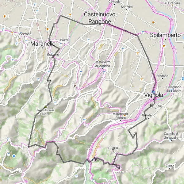 Mapa miniatúra "Cyklistický okruh s panoramatickým výhľadom na Monte Calvario" cyklistická inšpirácia v Emilia-Romagna, Italy. Vygenerované cyklistickým plánovačom trás Tarmacs.app