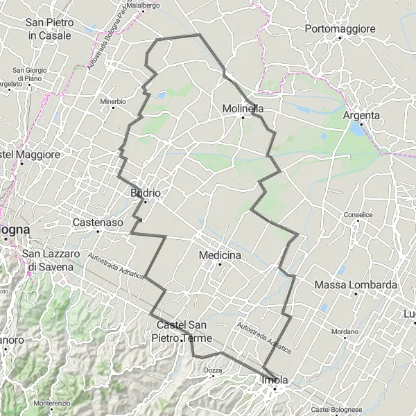 Kartminiatyr av "Imola till Castel San Pietro Terme, Budrio, Baricella och Marconi" cykelinspiration i Emilia-Romagna, Italy. Genererad av Tarmacs.app cykelruttplanerare