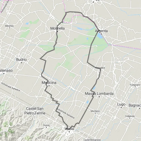 Mapa miniatúra "Okruh cez Medicinu, Molinellu, Argentu a Chiusruru" cyklistická inšpirácia v Emilia-Romagna, Italy. Vygenerované cyklistickým plánovačom trás Tarmacs.app