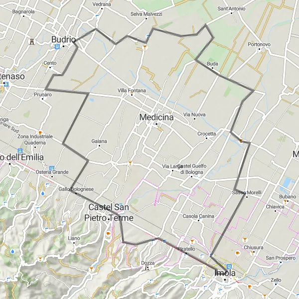 Miniature de la carte de l'inspiration cycliste "Circuit Castel San Pietro Terme - Buda - Marconi" dans la Emilia-Romagna, Italy. Générée par le planificateur d'itinéraire cycliste Tarmacs.app