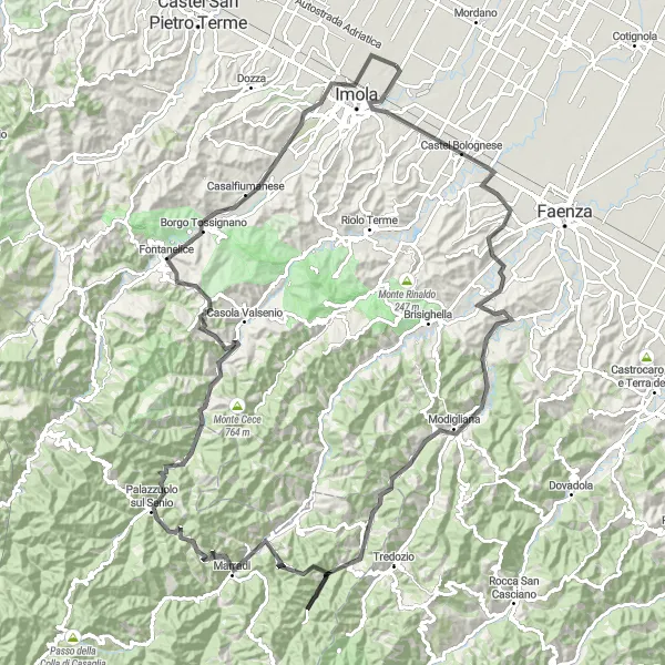 Miniaturekort af cykelinspirationen "Udfordrende rute til Monte Serra" i Emilia-Romagna, Italy. Genereret af Tarmacs.app cykelruteplanlægger