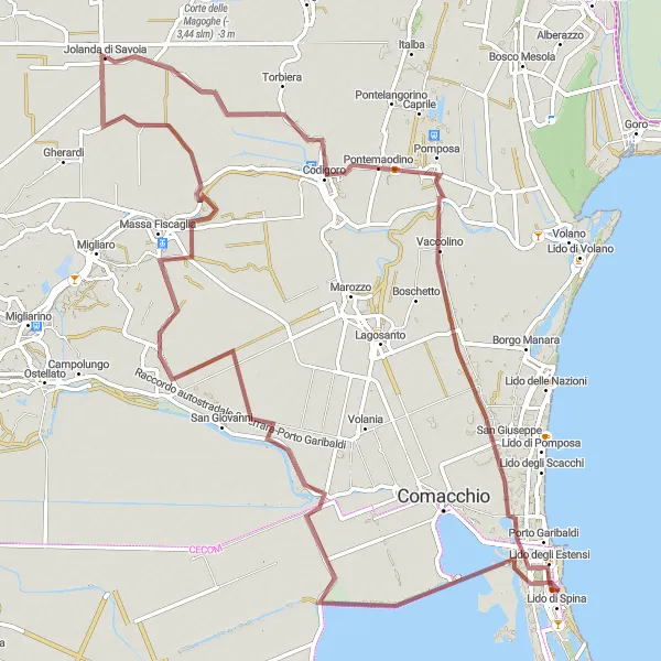 Mapa miniatúra "Expedícia cez Lido degli Estensi a Casone di Valle Donnabona" cyklistická inšpirácia v Emilia-Romagna, Italy. Vygenerované cyklistickým plánovačom trás Tarmacs.app