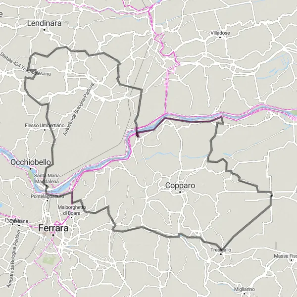 Map miniature of "From Jolanda di Savoia to Coccanile" cycling inspiration in Emilia-Romagna, Italy. Generated by Tarmacs.app cycling route planner