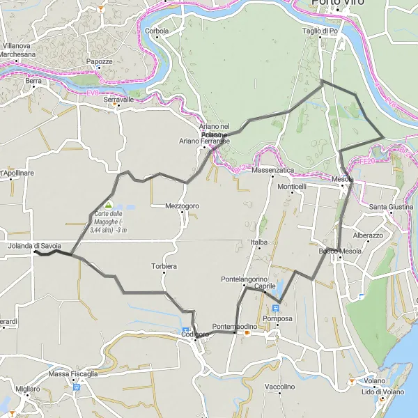Mapa miniatúra "Okolo rieky Po na ceste do Castello Estense della Mesola" cyklistická inšpirácia v Emilia-Romagna, Italy. Vygenerované cyklistickým plánovačom trás Tarmacs.app