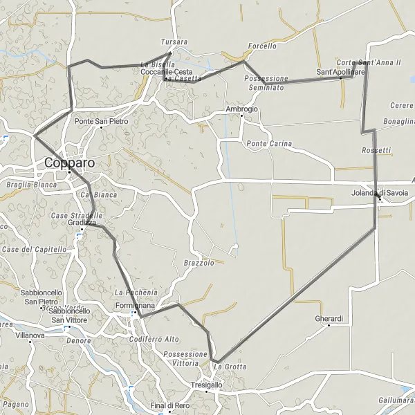 Miniaturní mapa "Formignana do Copparo" inspirace pro cyklisty v oblasti Emilia-Romagna, Italy. Vytvořeno pomocí plánovače tras Tarmacs.app