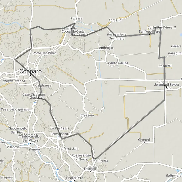 Map miniature of "Exploring the Countryside of Emilia-Romagna" cycling inspiration in Emilia-Romagna, Italy. Generated by Tarmacs.app cycling route planner