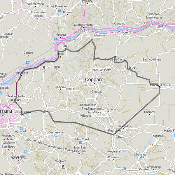 Kartminiatyr av "Vägcykling runt Jolanda di Savoia" cykelinspiration i Emilia-Romagna, Italy. Genererad av Tarmacs.app cykelruttplanerare