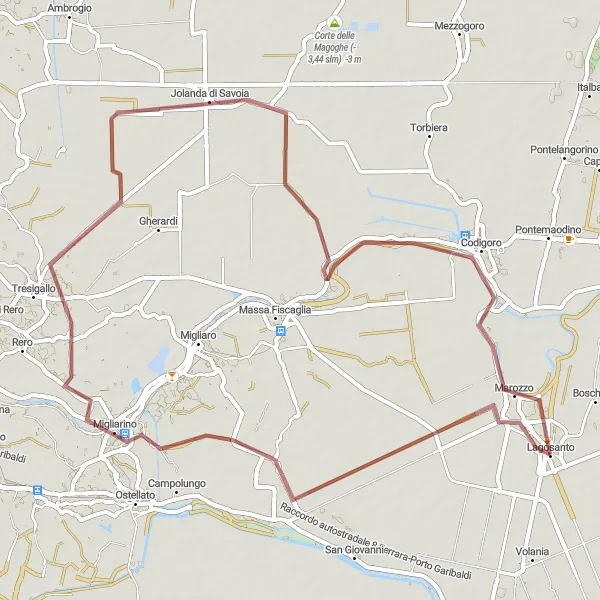 Miniatura della mappa di ispirazione al ciclismo "Tour in Gravel tra Lagosanto e Migliarino" nella regione di Emilia-Romagna, Italy. Generata da Tarmacs.app, pianificatore di rotte ciclistiche