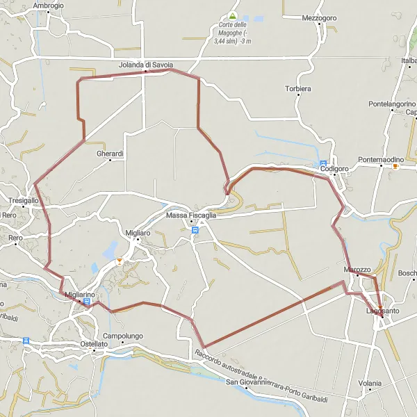 Miniatuurkaart van de fietsinspiratie "Rondrit van Lagosanto naar Migliarino" in Emilia-Romagna, Italy. Gemaakt door de Tarmacs.app fietsrouteplanner