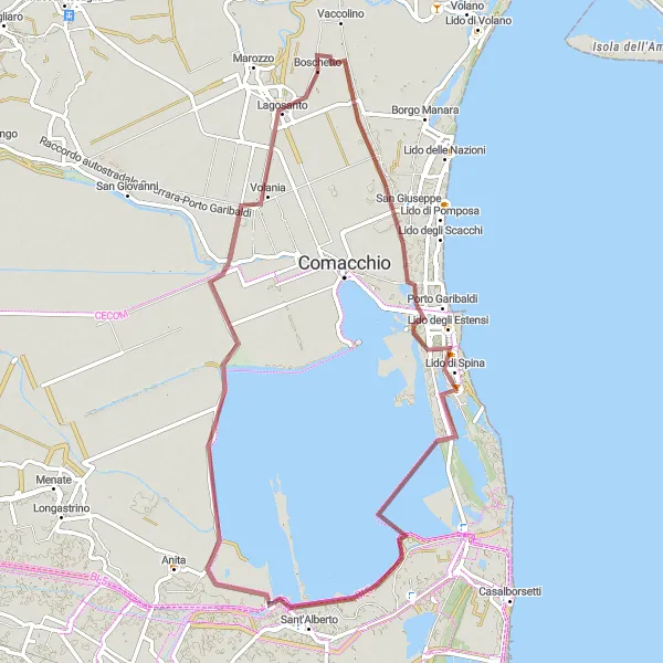 Map miniature of "Estensi Coast Gravel Ride" cycling inspiration in Emilia-Romagna, Italy. Generated by Tarmacs.app cycling route planner