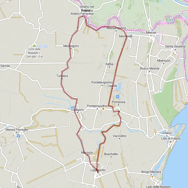 Miniature de la carte de l'inspiration cycliste "Aventure dans les bois de Codigoro" dans la Emilia-Romagna, Italy. Générée par le planificateur d'itinéraire cycliste Tarmacs.app