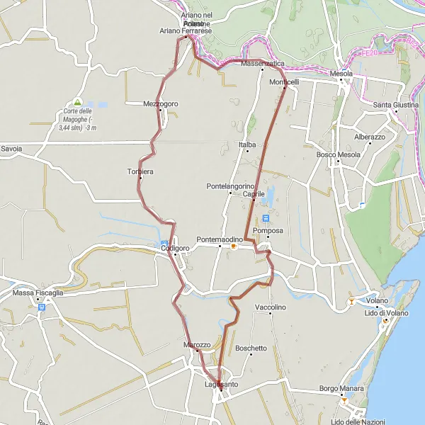 Miniatura della mappa di ispirazione al ciclismo "Giro in Gravel tra Lagosanto e Ariano Ferrarese" nella regione di Emilia-Romagna, Italy. Generata da Tarmacs.app, pianificatore di rotte ciclistiche