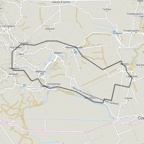 Mapa miniatúra "Okruhová cyklistická trasa cez Ostellato, Tresigallo, Massa Fiscaglia a Lagosanto" cyklistická inšpirácia v Emilia-Romagna, Italy. Vygenerované cyklistickým plánovačom trás Tarmacs.app