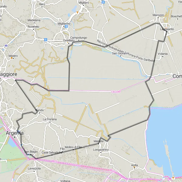 Mapa miniatúra "Cyklistický okruh cez Lagosanto, Menate, Argenta a Portoverrara" cyklistická inšpirácia v Emilia-Romagna, Italy. Vygenerované cyklistickým plánovačom trás Tarmacs.app