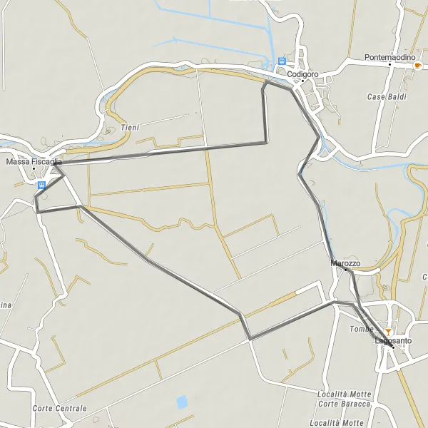 Mapa miniatúra "Jednoduchý okruh od Lagosanto cez Massa Fiscaglia a Codigoro" cyklistická inšpirácia v Emilia-Romagna, Italy. Vygenerované cyklistickým plánovačom trás Tarmacs.app
