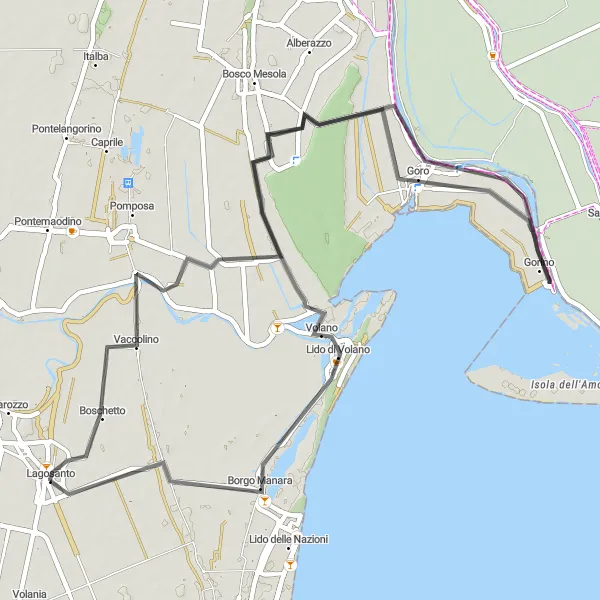 Mapa miniatúra "Cyklotúra cez Vaccolino, Gorino, Goro, Lido di Volano a Lagosanto" cyklistická inšpirácia v Emilia-Romagna, Italy. Vygenerované cyklistickým plánovačom trás Tarmacs.app