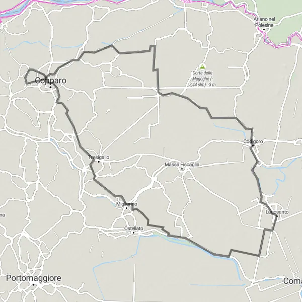 Mapa miniatúra "Okruh cez Formignana, Copparo a Jolanda di Savoia" cyklistická inšpirácia v Emilia-Romagna, Italy. Vygenerované cyklistickým plánovačom trás Tarmacs.app