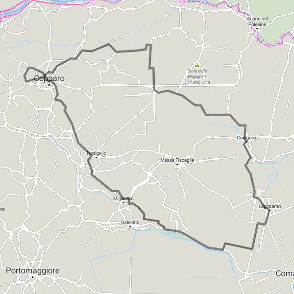 Map miniature of "Po Valley Scenic Road Ride" cycling inspiration in Emilia-Romagna, Italy. Generated by Tarmacs.app cycling route planner