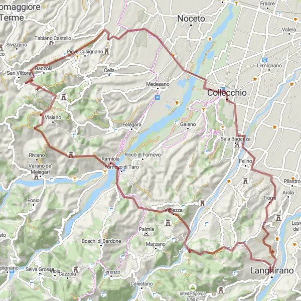 Kartminiatyr av "Utforsk Monte Arvei og Marzolara på grusvei" sykkelinspirasjon i Emilia-Romagna, Italy. Generert av Tarmacs.app sykkelrutoplanlegger