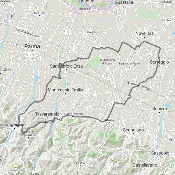 Map miniature of "Lesignano de' Bagni and Quattro Castella Loop" cycling inspiration in Emilia-Romagna, Italy. Generated by Tarmacs.app cycling route planner