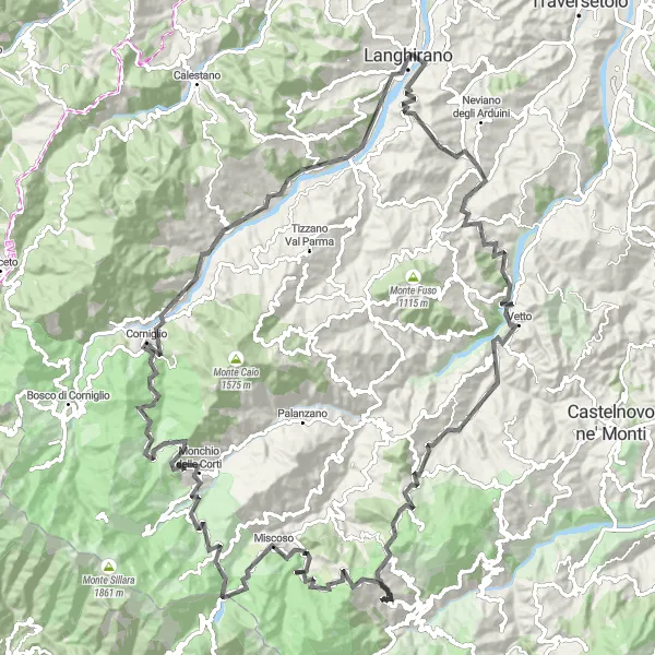 Miniatua del mapa de inspiración ciclista "Ruta de ciclismo de carretera Langhirano - Langhirano" en Emilia-Romagna, Italy. Generado por Tarmacs.app planificador de rutas ciclistas