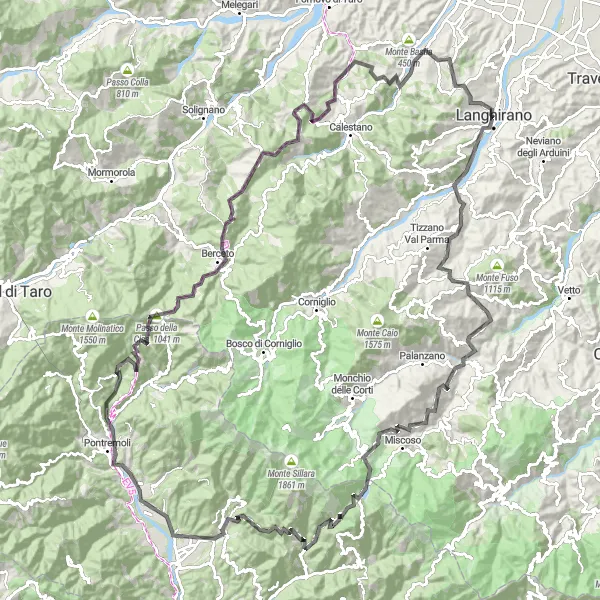 Kartminiatyr av "Langhirano til Monte Arsiccio via Passo della Cisa" sykkelinspirasjon i Emilia-Romagna, Italy. Generert av Tarmacs.app sykkelrutoplanlegger