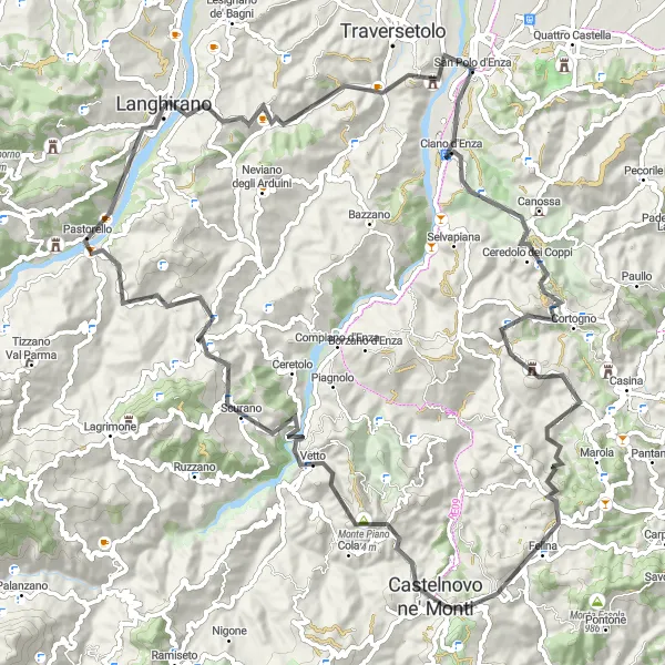 Kartminiatyr av "Veitur til Canossa og Monte Cerreto" sykkelinspirasjon i Emilia-Romagna, Italy. Generert av Tarmacs.app sykkelrutoplanlegger