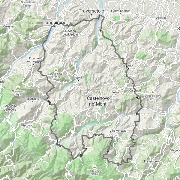 Map miniature of "Emilia's Peaks" cycling inspiration in Emilia-Romagna, Italy. Generated by Tarmacs.app cycling route planner