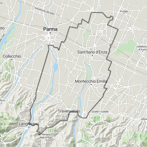 Zemljevid v pomanjšavi "Kolesarska pot do Castello di Torrechiara" kolesarske inspiracije v Emilia-Romagna, Italy. Generirano z načrtovalcem kolesarskih poti Tarmacs.app