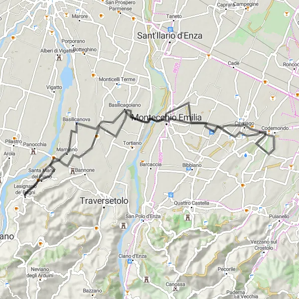 Kartminiatyr av "Kulturell cykeltur från Lesignano de'Bagni till Castelletto neogotico" cykelinspiration i Emilia-Romagna, Italy. Genererad av Tarmacs.app cykelruttplanerare