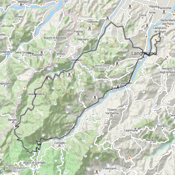 Miniatura mapy "Trasa wokół Lesignano de'Bagni" - trasy rowerowej w Emilia-Romagna, Italy. Wygenerowane przez planer tras rowerowych Tarmacs.app