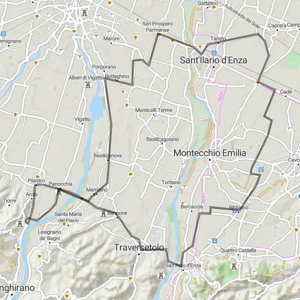Kartminiatyr av "Utforska landsbygden runt Lesignano de'Bagni" cykelinspiration i Emilia-Romagna, Italy. Genererad av Tarmacs.app cykelruttplanerare