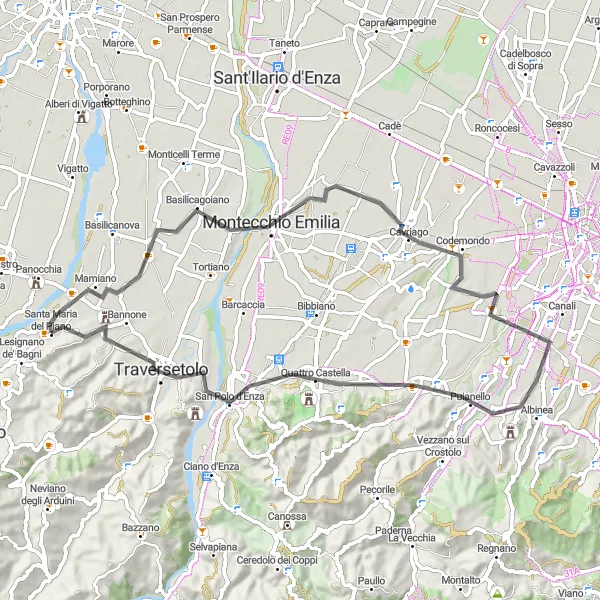 Karttaminiaatyyri "Pyöräilyreitti Montechiarugoloon ja San Polo d'Enzaan" pyöräilyinspiraatiosta alueella Emilia-Romagna, Italy. Luotu Tarmacs.app pyöräilyreittisuunnittelijalla