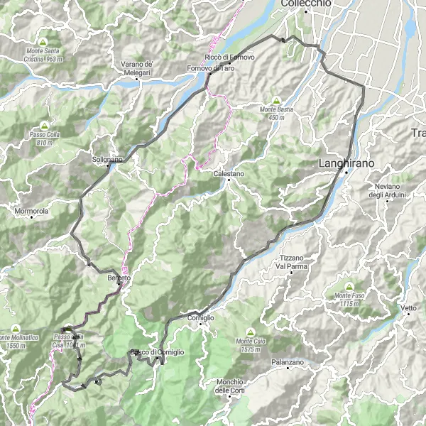 Miniaturní mapa "Cyklistická cesta kolem Lesignano de'Bagni" inspirace pro cyklisty v oblasti Emilia-Romagna, Italy. Vytvořeno pomocí plánovače tras Tarmacs.app