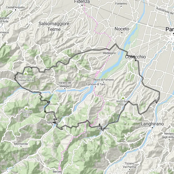 Miniature de la carte de l'inspiration cycliste "Ultimate ride from Torrechiara to Felino" dans la Emilia-Romagna, Italy. Générée par le planificateur d'itinéraire cycliste Tarmacs.app