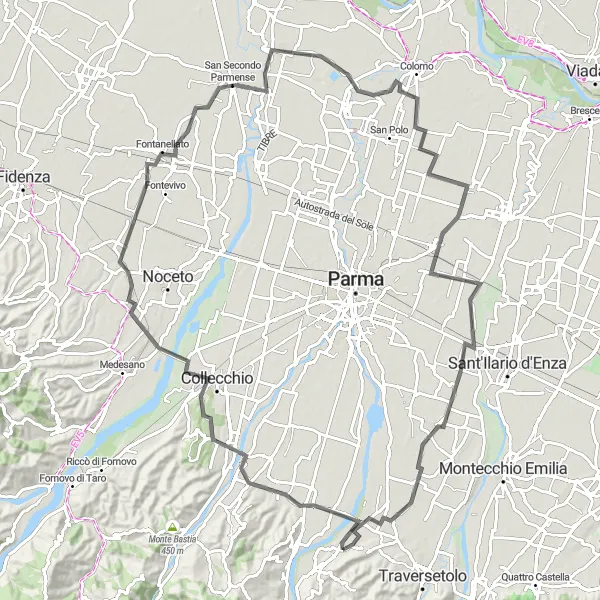 Mapa miniatúra "105 km okruh z Lesignano de'Bagni" cyklistická inšpirácia v Emilia-Romagna, Italy. Vygenerované cyklistickým plánovačom trás Tarmacs.app
