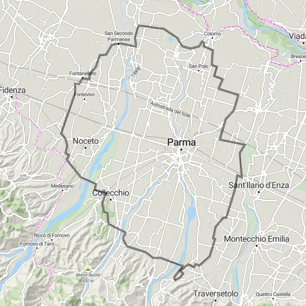 Miniatura della mappa di ispirazione al ciclismo "Percorso Panoramico delle Colline Parmensi" nella regione di Emilia-Romagna, Italy. Generata da Tarmacs.app, pianificatore di rotte ciclistiche